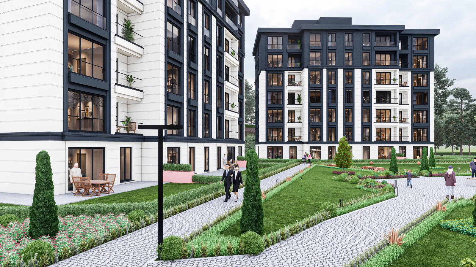 Bloklar arasındaki peyzajlı yürüyüş aksı ve oturma alanları